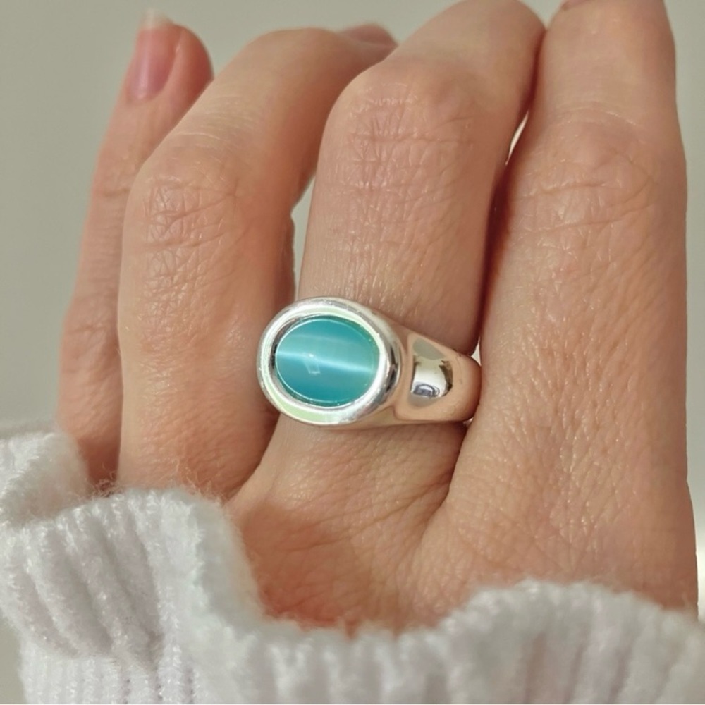 Aqua Oval Silver Ring Vintage “Briseis” Glass Blue Statement Maximal Beachy Coas